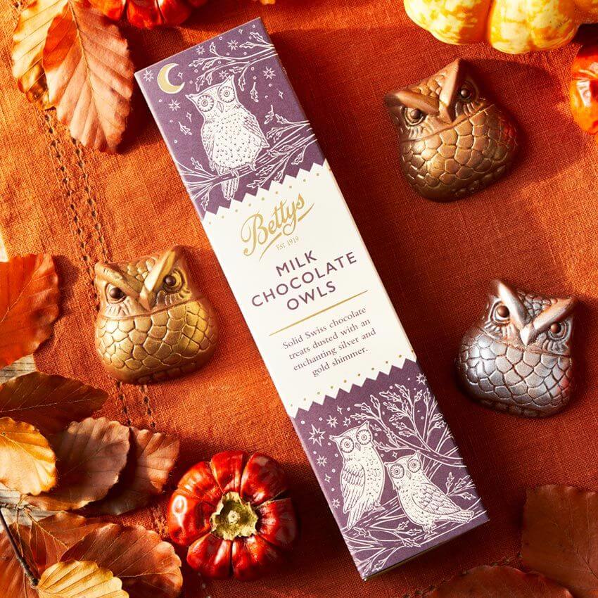 owl shapes chocolates dusted with gold and silver shimmer